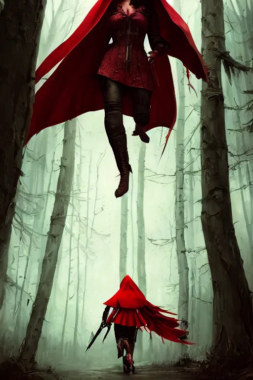 Image similar to little red riding hood, wolf slayer, cyberpunk, dramatic lighting, cinematic, establishing shot, extremely high detail, foto realistic, cinematic lighting, post processed, concept art, high details, cinematic, 8k resolution, beautiful detailed, photorealistic, digital painting, artstation, concept art, smooth, sharp focus, artstation trending, octane render, unreal engine