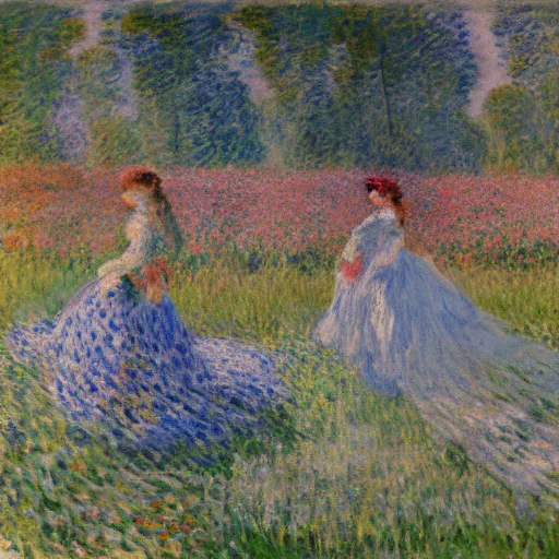 Prompt: Monet painting of the Edna E Modes in a field of flowers, back turned and hands outstretched, sun bright in the sky