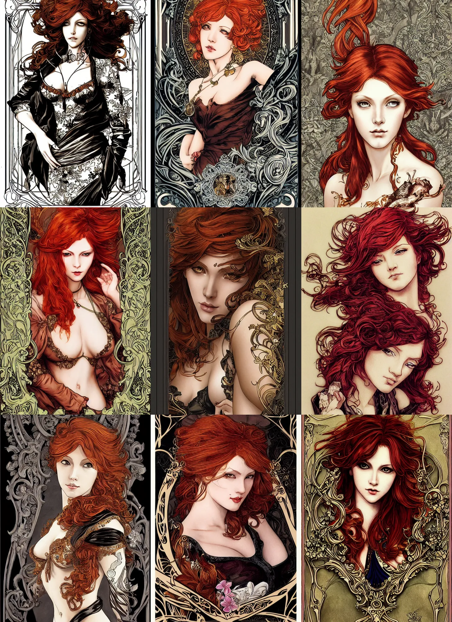 Prompt: redhead woman, rococo and art nouveau, tarot card, highly detailed, deep focus, elegant, smooth, sharp focus, 8 k, artgerm, yoji shinkawa
