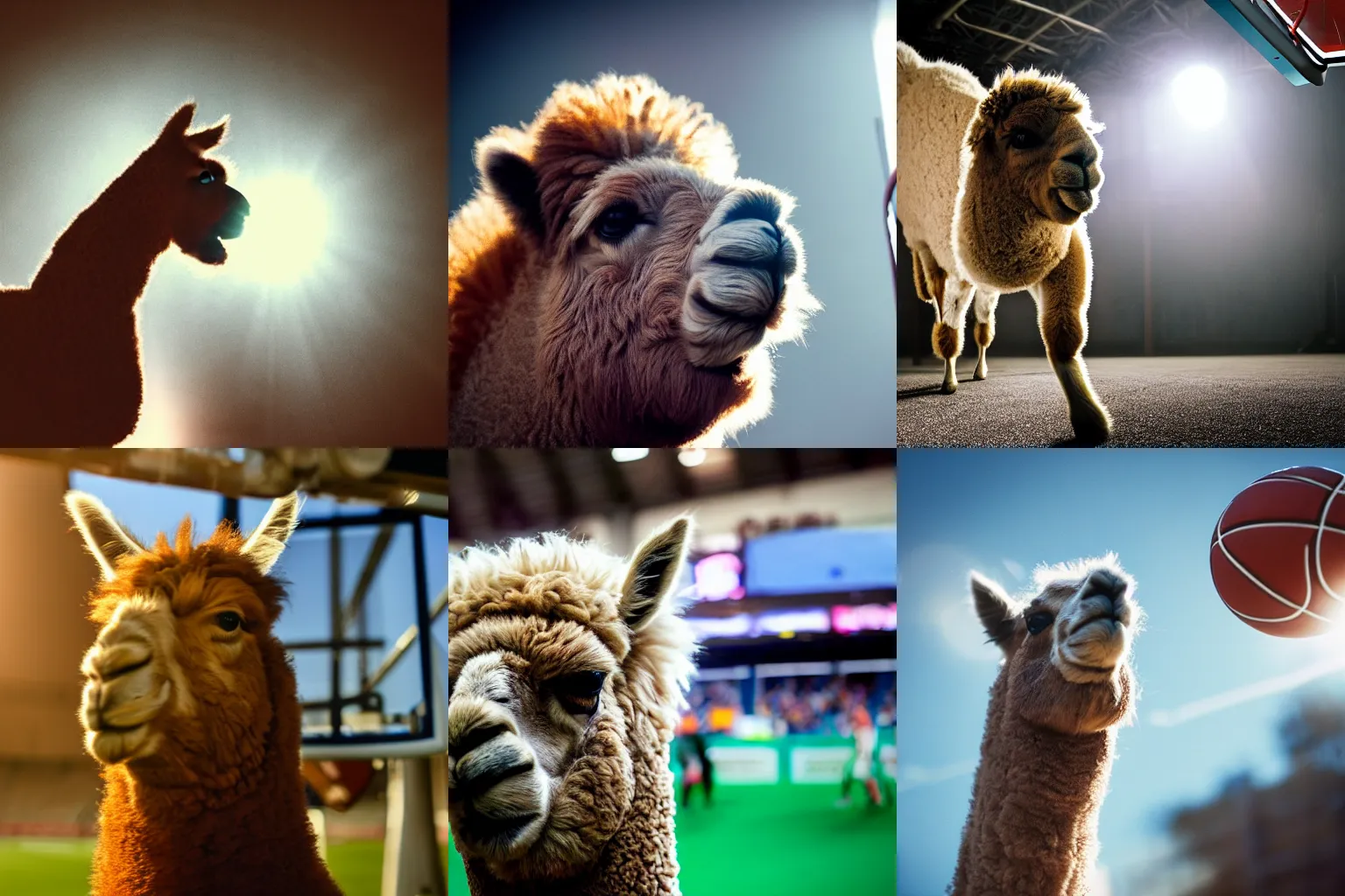 Prompt: film still of an alpaca wearing a jersey, dunking a basketball, low angle, long shot, indoors, dramatic backlighting, high detail.