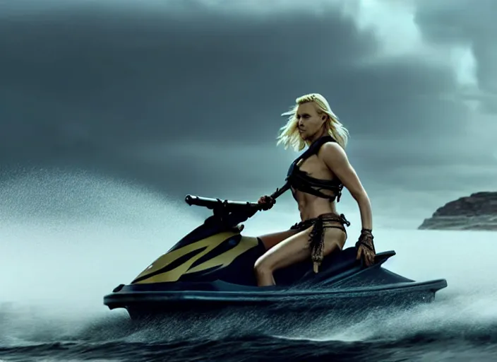 Prompt: film still of charlize theron as a viking women with weapons riding on a jet ski, wearing skin - tight futuristic valkerie bikini, rough seas in background, lightning storms, water world, mad max, hyper - realistic, highly detailed, accurate, 8 k octane render, 2 8 mm, wide angle, rule of thirds