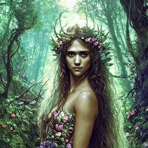 Image similar to head and shoulders portrait of a flowering fey fairy warlock portrayed by young jessica alba, in a magical forest, d & d, fantasy, luis royo, magali villeneuve, donato giancola, wlop, krenz cushart, hans zatka, klimt, alphonse mucha