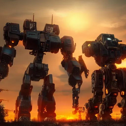 Prompt: Urbanmech defending city at sunset, battletech, mechwarrior, hyperrealistic, photorealistic, ultra hd, rendered in Unreal engine, artstation, digital illustration, highly detailed, intricate, award-winning, 4k, beautiful colors, cinematic lighting