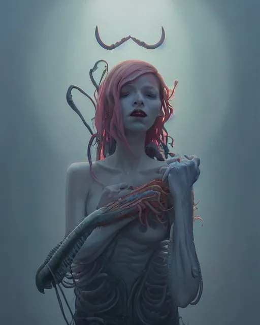 Image similar to highly detailed surreal vfx portrait of a lobsterpunk grim reaper, stephen bliss, unreal engine, greg rutkowski, loish, rhads, beeple, makoto shinkai and lois van baarle, ilya kuvshinov, rossdraws, tom bagshaw, alphonse mucha, global illumination, detailed and intricate environment