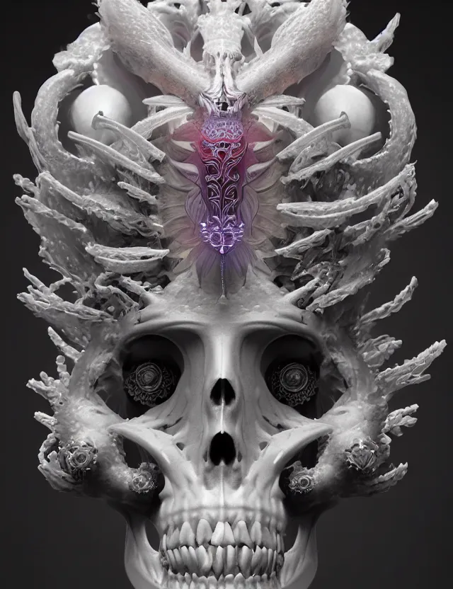 Prompt: symmetrical, centered, zbrush sculpt of goddess close-up portrait wigh crown made of skulls. phoenix betta fish, phoenix, bioluminiscent creature, super intricate ornaments artwork by Tooth Wu and wlop and beeple and greg rutkowski