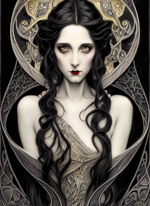 Image similar to an art nouveau, black dragon portrait in the style of charlie bowater, and in the style of donato giancola, and in the style of charles dulac. very large, clear, expressive, intelligent eyes. symmetrical, centered, ultrasharp focus, dramatic lighting, photorealistic digital painting, intricate ultra detailed background.
