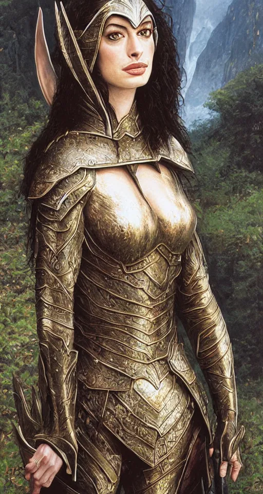 Prompt: Detailed painting of anne hathaway wearing elven armor by Ted Nasmith