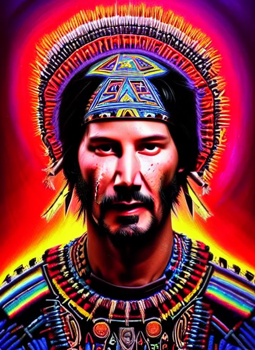 Image similar to portrait of keanu reeves, hyper detailed ultra sharp aztec shaman warrior. trending on artstation, warpaint aesthetic, bloodwave, colorful, psychedelic, ornate, intricate, digital painting, concept art, smooth, sharp focus, illustration, art by artgerm and greg rutkowski and h. r. giger, 8 k