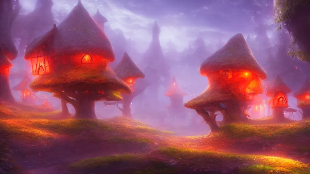 Image similar to fantasy red toadstool cottages world suspended in the air, foggy atmosphere, volumetric lighting, fantasy artwork, very beautiful scenery, hd, hdr, unreal engine 5, cinematic 4k wallpaper, 8k, ultra detailed, high resolution, artstation