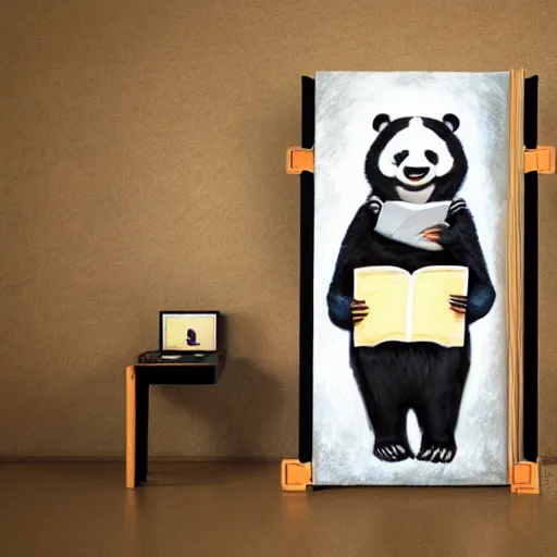 Image similar to Oil Painting of an anthropomorphic Panda Bear Holding a book and a pair of dividers in a science-lab with fantastic creations around him, concept art, highly detailed, hyperrealism, 4k rendering - C 9