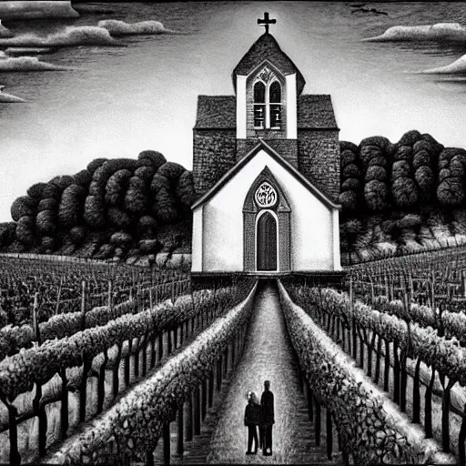 Image similar to Hyperrealism traditional austian church in a vineyard, painting by MC Escher