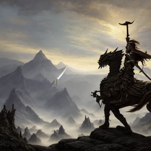 Image similar to a warrior on horseback holding a sword fighting a dragon, fantasy composition, medieval adventurers in lord of the rings scenery landscape, magic portal in the sky, highly detailed, cinematic lighting, perfect composition, 4 k, gustave dore, derek zabrocki, greg rutkowski, belsinski, octane render, dark fantasy, intricate, elegant, highly detailed