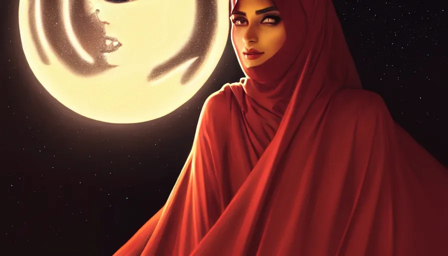 Image similar to Portrait of very very very very very very beautiful Arab woman wearing a Niqab, glowing magical eyes, energy trails, under giant full moon in the desert at night, intricate, elegant, highly detailed, digital painting, artstation, concept art, smooth, sharp focus, illustration, art by artgerm and greg rutkowski and alphonse mucha