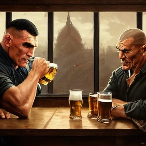 Image similar to vinnie jones and ghandi drinking beer in a pub, real life skin, intricate, elegant, highly detailed, artstation, concept art, smooth, sharp focus, art by artgerm and greg rutkowski and alphonse mucha