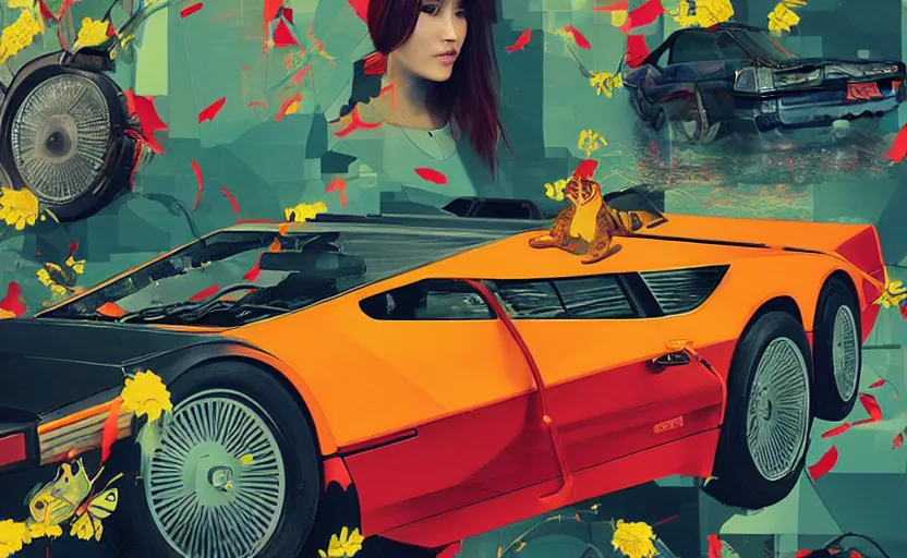 Image similar to a red delorean with a yellow tiger, art by hsiao - ron cheng in a magazine collage style, # de 9 5 f 0