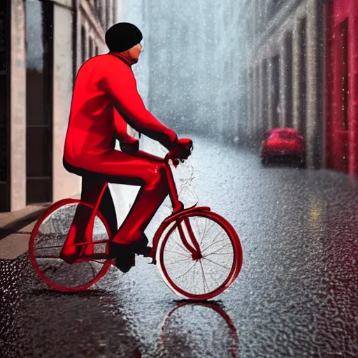 Image similar to a delivery guy wearing red jacket cycling at night in uni colored street, rainy weather, 4 k, realistic, trending on artstation