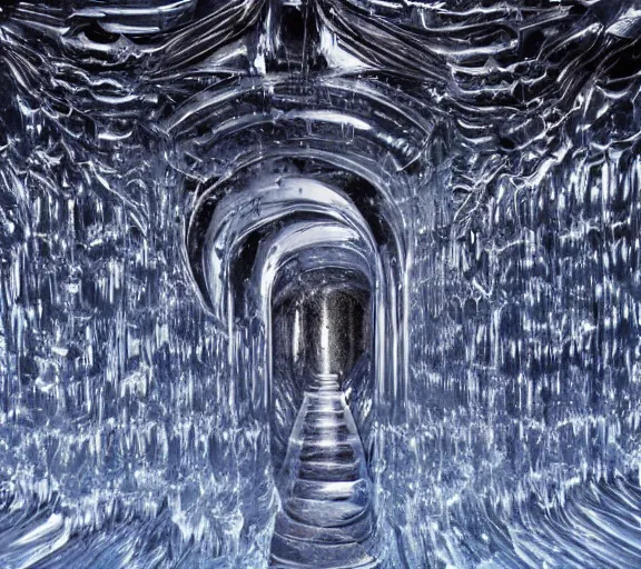 Image similar to crystal clear liquid wall full of dark giantic beings of fate, H 576