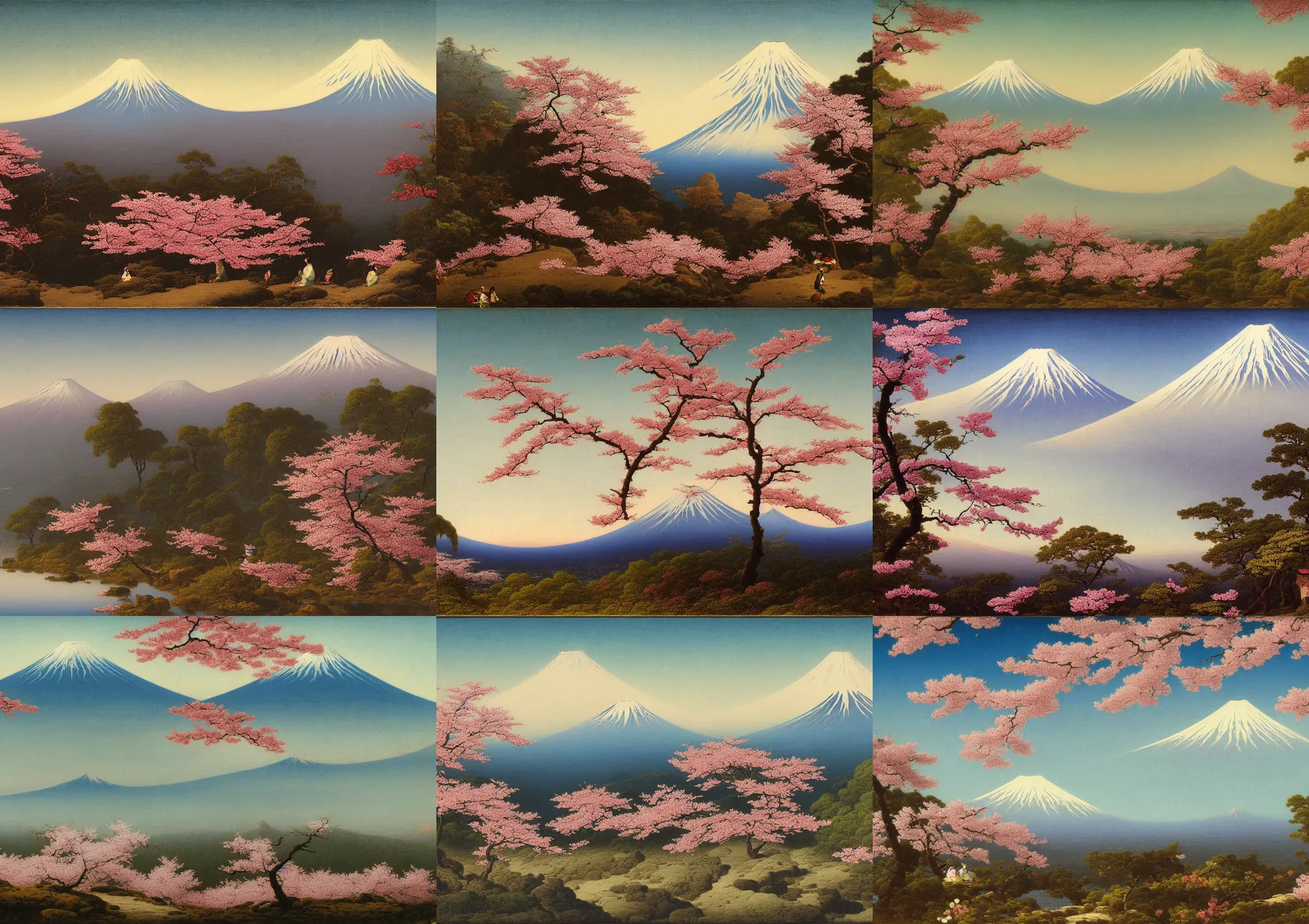 Prompt: mount fuji with cherry blossoms by martin johnson heade. oil on canvas.