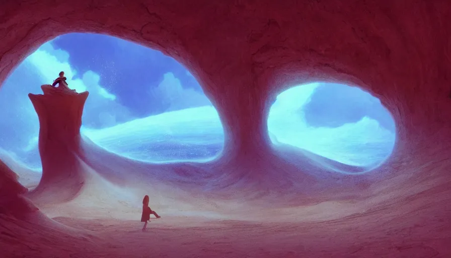 Image similar to a glowing magical portal inside a big wave made of sand fantasy desert, portal, a man watching over, lightning, sandstorm, by caspar david friedrich by james gilleard and justin gerard, artstation, smooth, sharp focus, by jean baptiste, octane render