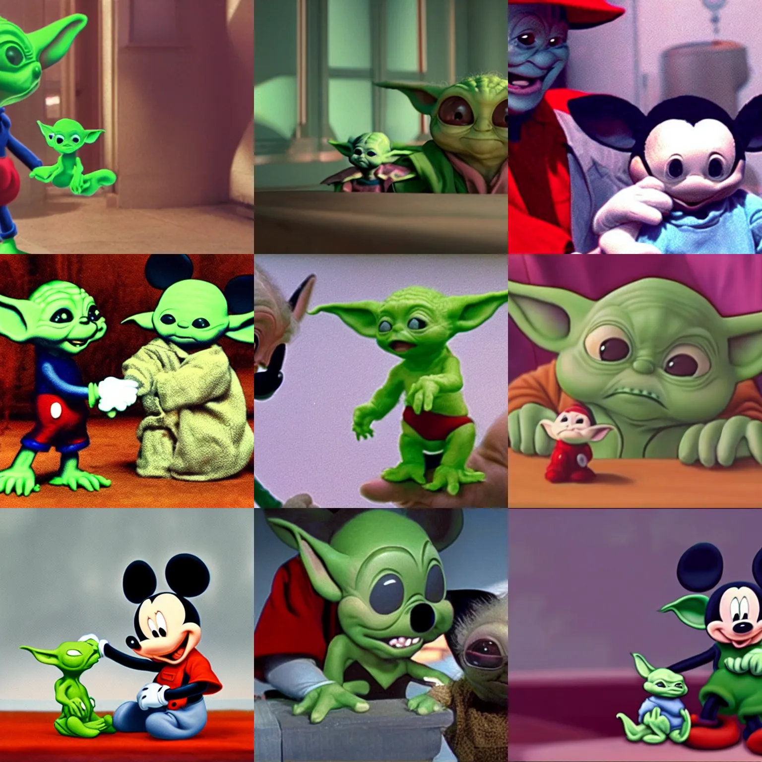 Prompt: Mickey Mouse holding hands with baby yoda coming to collect a debt, screenshot from a horror movie