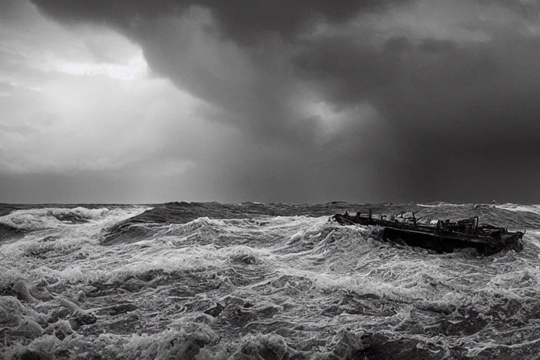 Prompt: danila tkachenko, low key lighting, a ship wreck, an abandoned high soviet apartment building in the middle of the stormy ocean, storm, lighning storm, crashing waves, dramatic lighting