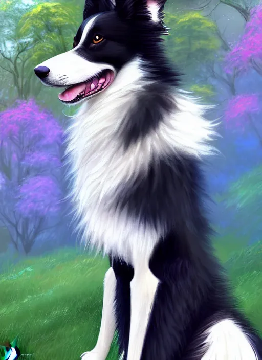 Image similar to full body digital painting of a cute male anthropomorphic border collie fursona wearing a jacket in front of a park, furaffinity, scenic background, intricate, elegant, beautiful, fantasy, highly detailed, trending on artstation, art by charlie bowater and henry asencio and and ross tran