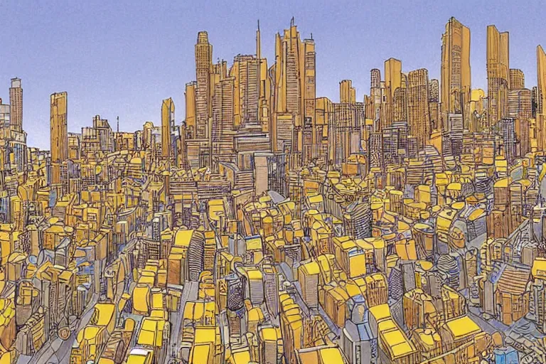 Image similar to a city with buildings made out of lemons by moebius