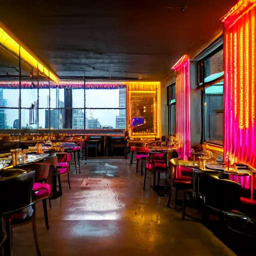 Image similar to wide angle photo of 60‘s retro fancy restaurant interior, neon-decorated urban on night in the city seen through the window,modern interior design, architectural design, vintage, night blade runner, dark, postapocalyptic, clean lines, 4k, octane, colorful ,lunarcore city seen at distance outside, big windows,octane, wide angle
