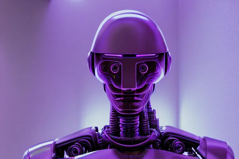 Image similar to hyperrealistic medium shot robot cyborg in data center server by denis villeneuve and stanley kubrick highly detailed concept art eric zener elson peter cinematic hard purple lighting high angle hd 8 k sharp shallow depth of field