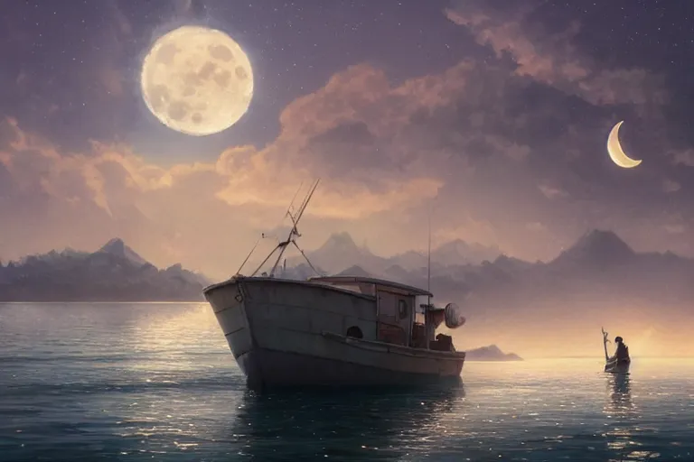 Image similar to a highly detailed matte painting of a fishing boat on lake under moon and stars by studio ghibli, makoto shinkai, by artgerm, by wlop, by greg rutkowski, volumetric lighting, cyberpunk, octane render, 4 k resolution, trending on artstation, masterpiece