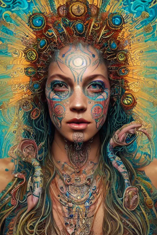 Image similar to a centered render of an mytical festival hippy with tribal tattoos wearing intricate metallic clothing surrounded by a underwater ink pour and flowing liquid gallium and sacred geometry, perfect body and face, gorgeous, cinematic, beautifully lit, by tim okamura, by karol bak, by donato giancola, 3 d, trending on artstation, octane render, 8 k