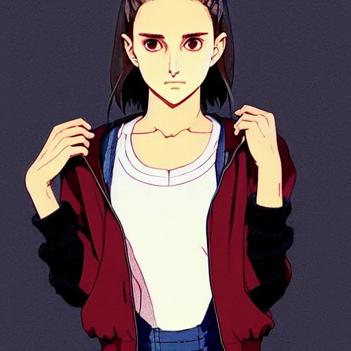 Image similar to a beautiful! boyish! natalie portman alluring gravure! model, wearing oversized mayan bomber jacket and leotard with overalls, bulky poofy bomber jacket with mayan patterns, gapmoe yandere grimdark, trending on pixiv fanbox, painted by greg rutkowski makoto shinkai takashi takeuchi studio ghibli, akihiko yoshida