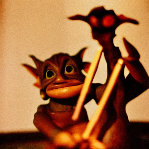 Image similar to a close up portrait of a goblin playing the flute, fireplace lighting, nighttime, kodak vision 5 0 0 t