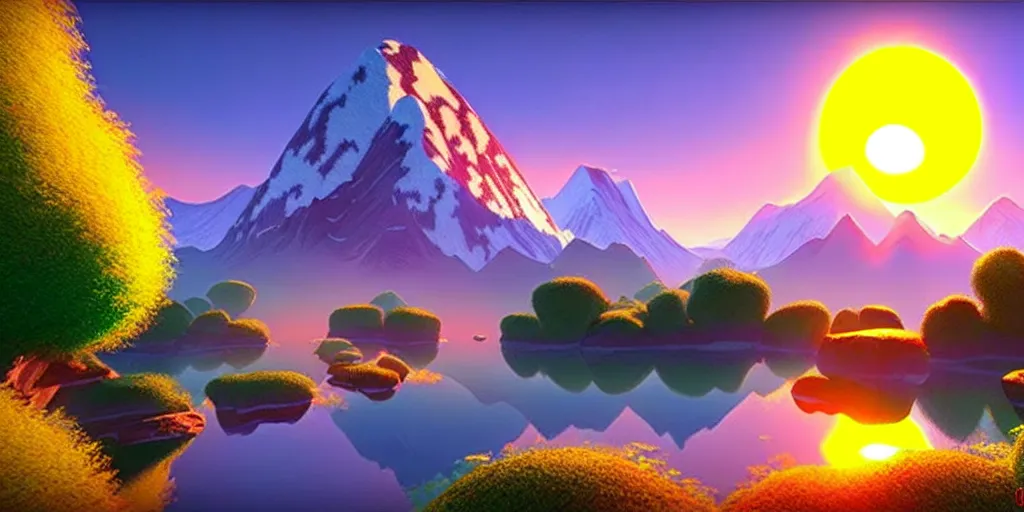 Image similar to a beautiful landscape, sun rises between two mountains, colourful 3 d artwork by bob ross, unreal engine 5, extremely detailed, hyper realism