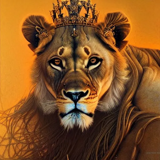 Image similar to highly detailed portrait of a majestic lioness queen in the form of a beautiful woman. d & d. art by donato giancola, brian bolland, ruan jia, peter lindbergh. trending on artstation, intricate details, energetic composition, golden ratio, concept art, illustration, elegant art, global illuminaition