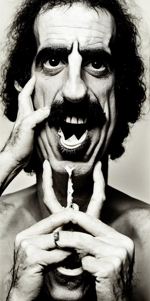 Image similar to award winning photo of frank zappa eating himself, vivid colors, happy, symmetrical face, beautiful eyes, studio lighting, wide shot art by Sally Mann & Arnold Newman