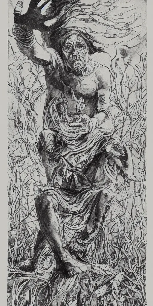 Image similar to The Fool, tarot, black and white ink wash, Sam Webber