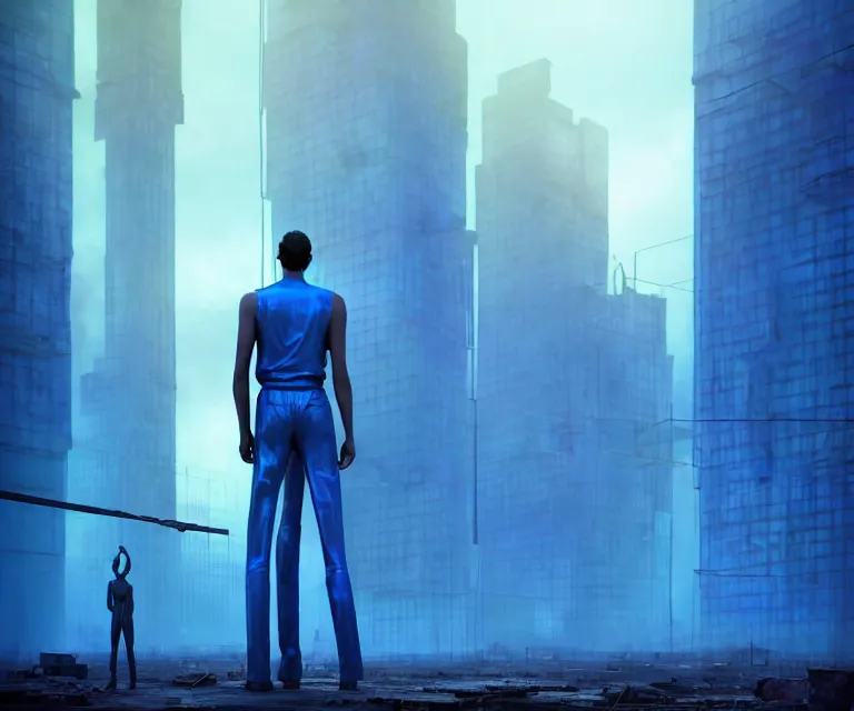 Image similar to tall man consisting of blue translucent shiny material and steel bars, standing in ruins in the sunrise. extremely high details, solo, masterpiece, photorealistic, hyperrealism, cinematic, fantasy, octane render, volumetric lighting, depth of field, bokeh, cgsociety by ed binkley, johannen voss, dragan bibin