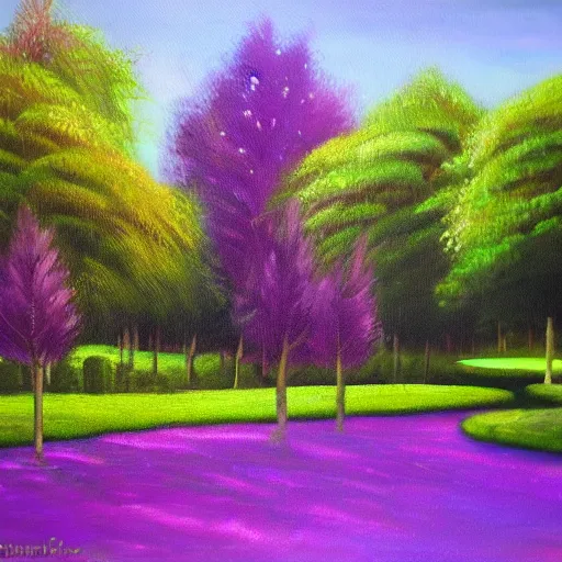 Image similar to tranquil oil painting of purple garden withe green trees, detailed, 8k, mesmerizing