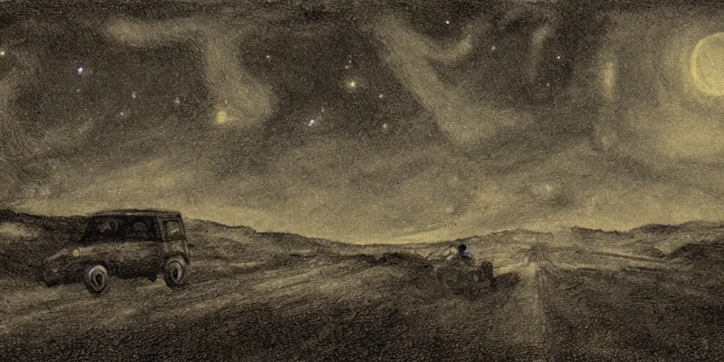 Prompt: portrait of a duny Bruggy driving on an alien planet, clouds visible, stars in the sky, mountains, etching, in the style of Goya