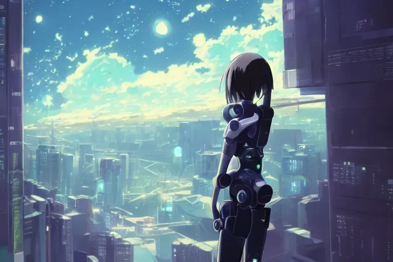 Prompt: makoto shinkai. robotic android girl. futuristic cyberpunk. dystopia. vibrant nebula sky............................................. arm