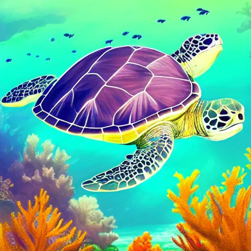 Prompt: a beautiful matte digital painting of a light-green sea turtle swimming over an red-orange coral reef through blue-violet waters, triadic color palette, painted in the style of National Geographic, trending on artstation hq