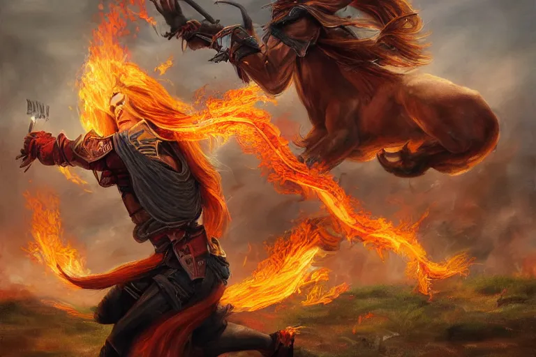 Prompt: a beautiful alex trebek with long curly blond hair brutally destroys his enemies on the battlefield, wrath flame and ruin, oil painting, trending on artstation