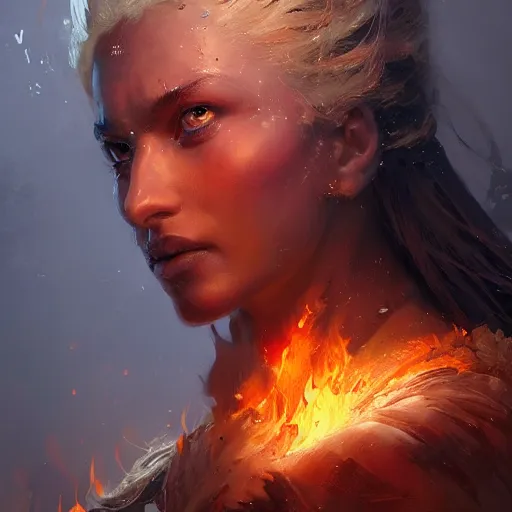 Image similar to a beautiful portrait of a flame goddess by by Greg Rutkowski and Raymond Swanland, Trending on Artstation, Flaming Background, ultra realistic digital art