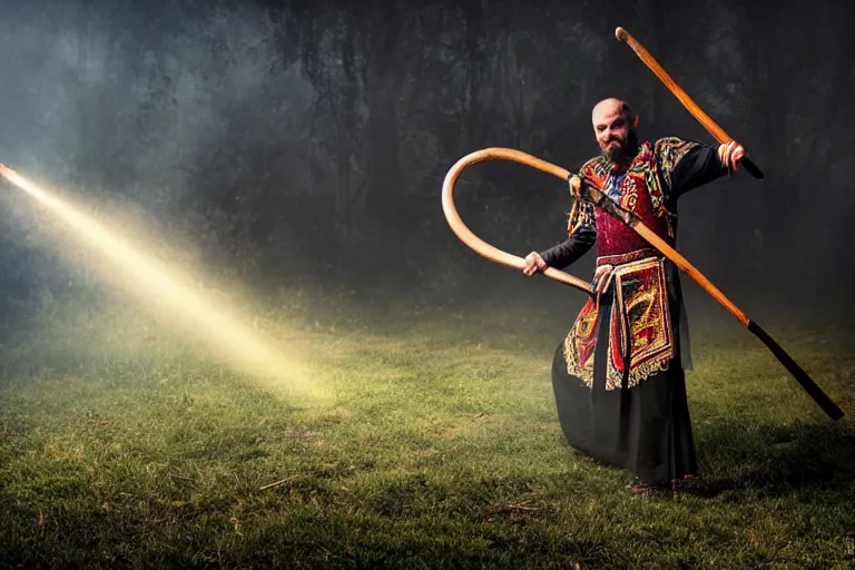 Image similar to festival on a stage, man with scythe, traditional romanian clothing, dramatic lighting, beautiful, volumetric lighting, colorful