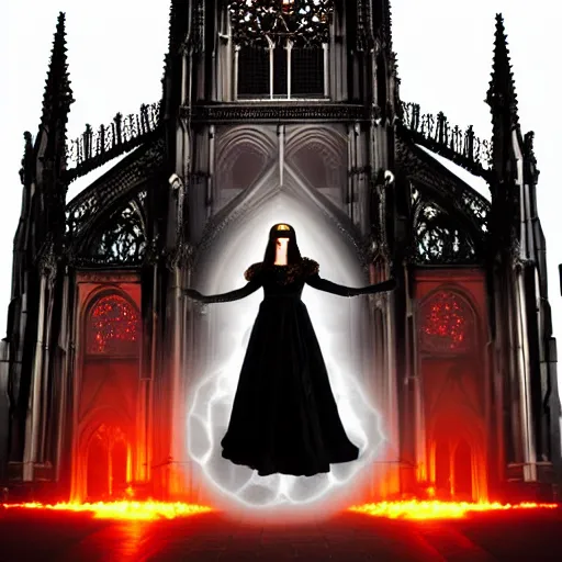 Image similar to 1 8 mm gothic girl dressed in black, behind her a gothic cathedral, dramatic lights, dark ambients, the windows of the cathedral are reflecting red flame lights, golden hour, detailed face, intricate ornaments