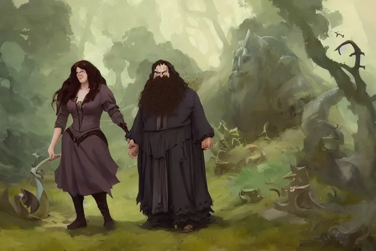 Image similar to hagrid the viking and gothic medieval morticia addams walking in enchanted forest in a sunny day, jodhpurs greg manchess painting by sargent and leyendecker, studio ghibli fantasy medium shot asymmetrical intricate elegant matte painting illustration hearthstone, by greg rutkowski by greg tocchini by james gilleard