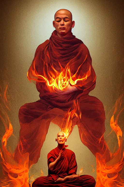 Image similar to A monk meditating in fire by Afshar Petros, Trending on artstation.