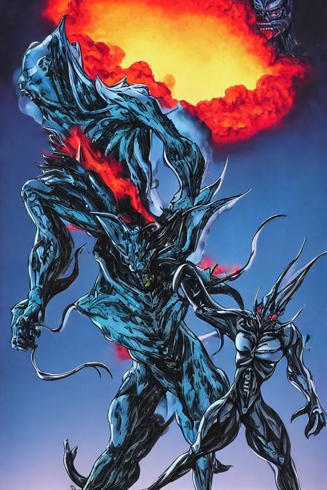 Image similar to The Dark Guyver Battles Kaiju On An Alien Planet With A Volcano Erupting In The Background,Full Figure,s Yasushi Nirasawa Cartoon Anime Style