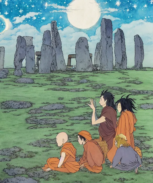 Prompt: a hyperrealist studio ghibli watercolor fantasy concept art. in the background is a giant long haired grey witch in lotus position sitting on top of stonehenge with a starry sky in the background. in the foreground is a group of tiny monks are on their knees. by rebecca guay, michael kaluta, charles vess